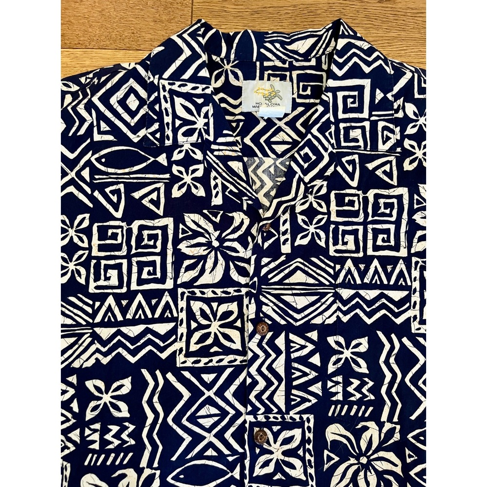 Ho Aloha Made In Hawaii Mens Large Navy Blue White Batik Tribal Aloha Shirt L